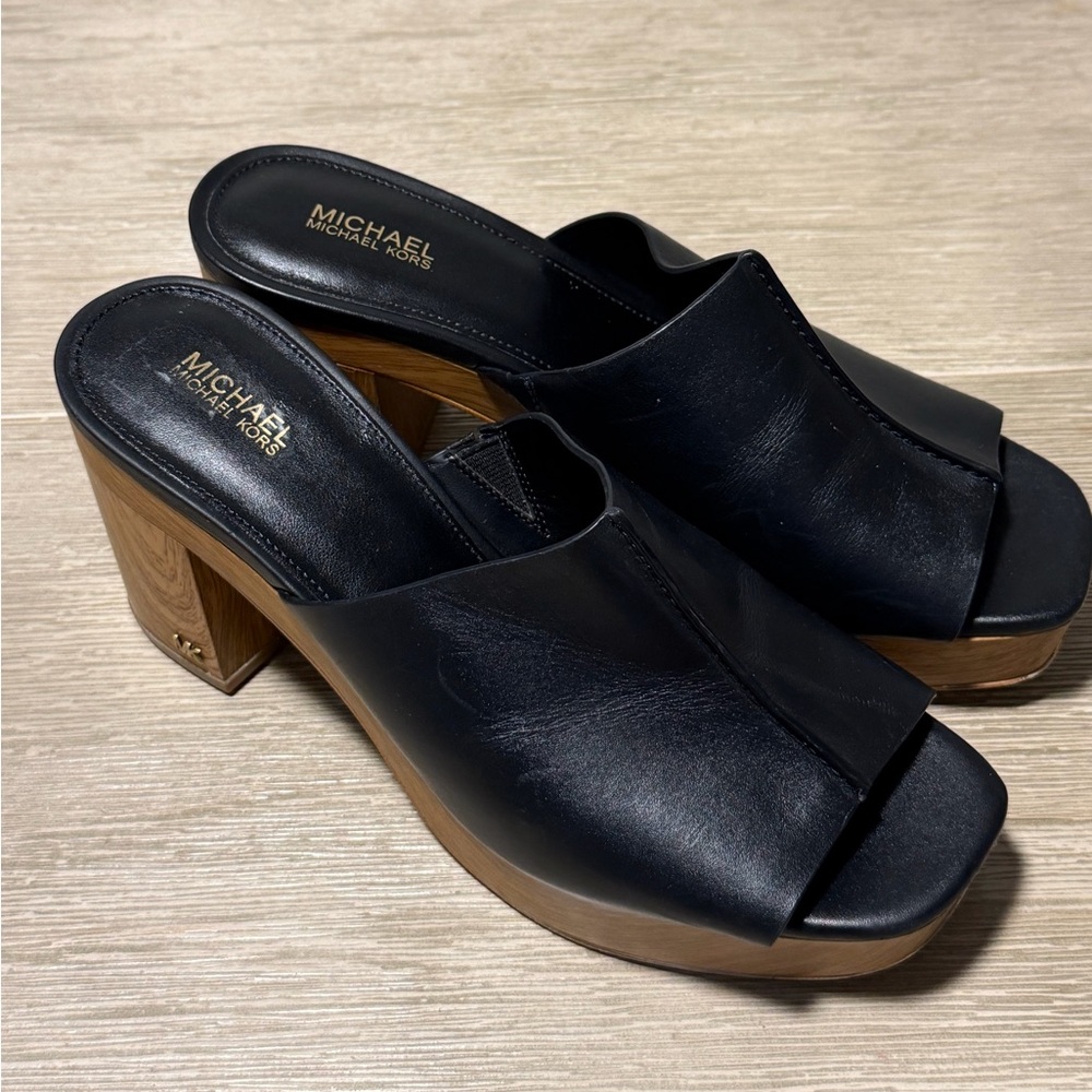 Michael Kors Black Leather Open-Toe Block Heel Mules